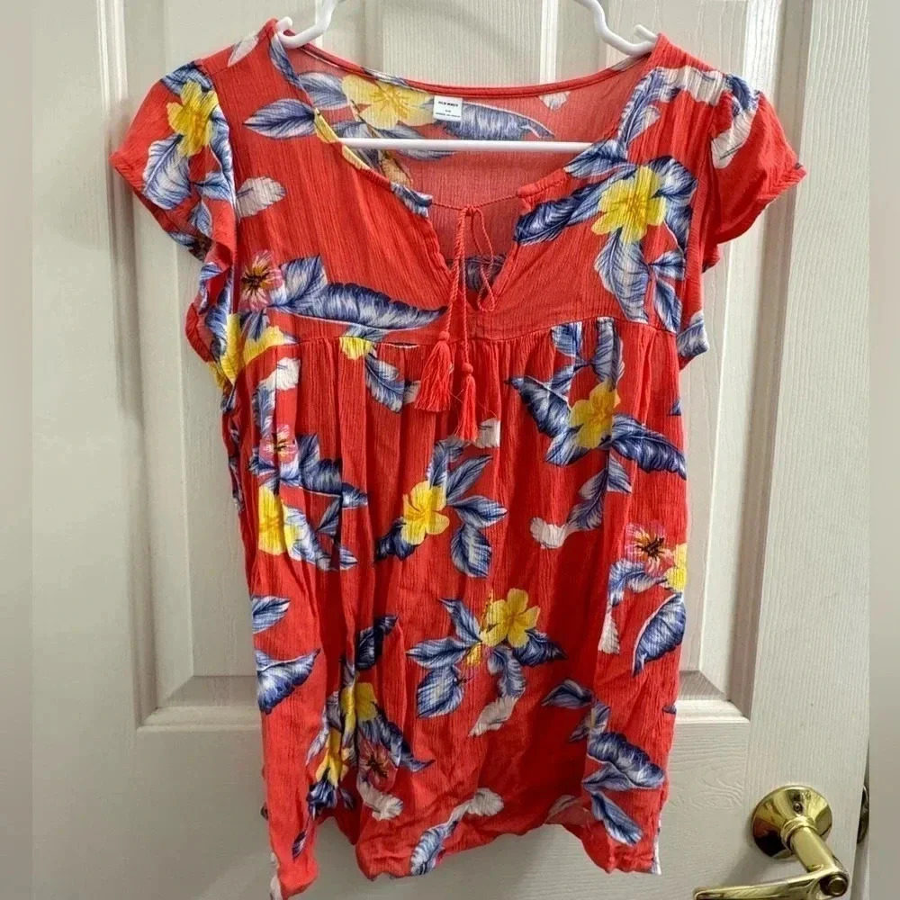 Old Navy Coral Floral Tie-Front Blouse with Yellow & Blue Flowers